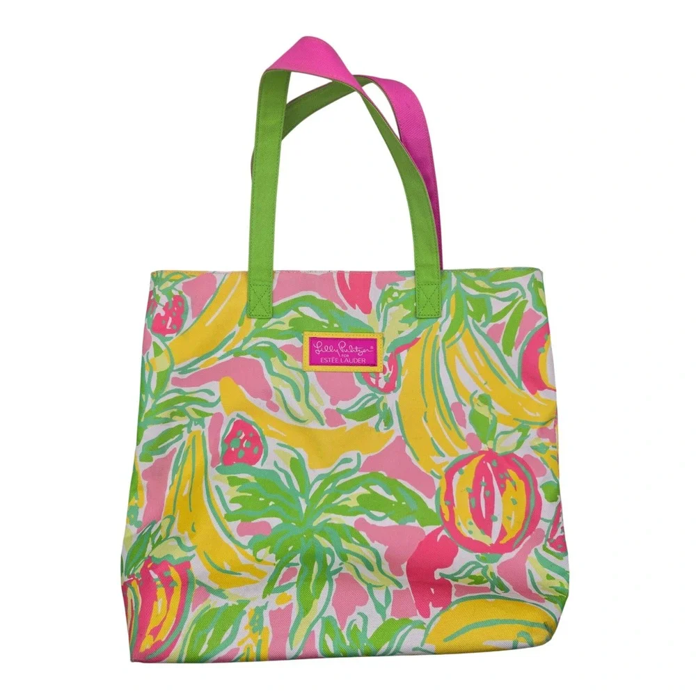 Lilly Pulitzer Estee Lauder Tropical Fruit Canvas Tote Bag Pink Yellow Green